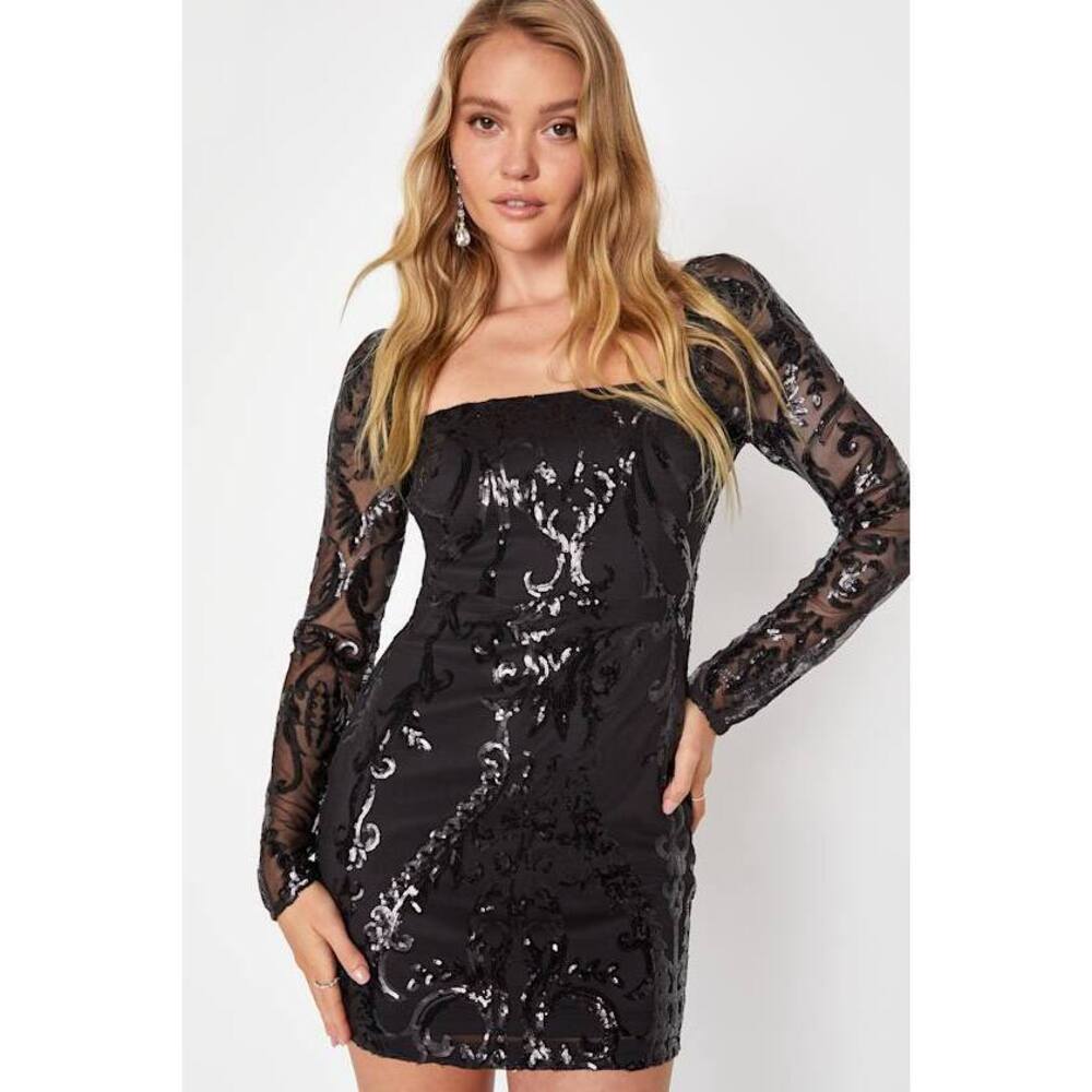 Lulus Ultimate Glow Black Sequin Long Sleeve Bodycon Mini Dress - Size XS